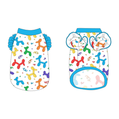 Tank with ruffle accents on the shoulders in a dog friendly pattern that shows party images like balloons and confetti. It's complete with solid blue trim on the neck, waist and shoulder ruffles, as well as a coordinating trim under the shoulder ruffles in Pawty Animal.