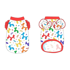 Tank with ruffle accents on the shoulders in a dog friendly pattern that shows party images like balloons and confetti. It's complete with solid red trim on the neck, waist and shoulder ruffles, as well as a coordinating trim under the shoulder ruffles in Pawty Animal.