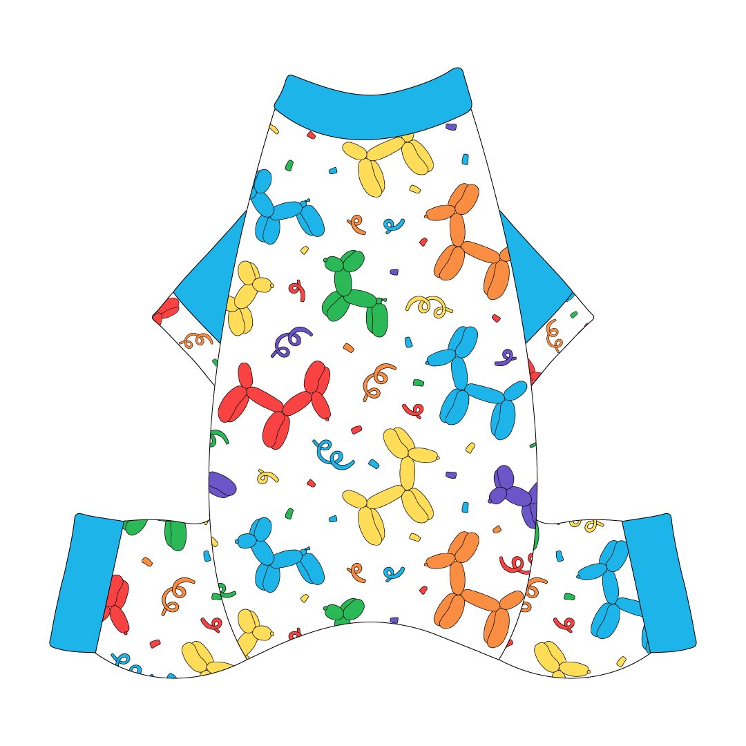 Comfy Pajamas with solid blue sleeves and a dog friendly pattern that shows party images like balloons and confetti. It's complete with Pawty Animal trim on the sleeves and solid blue trim on the neck and legs.