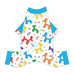 Comfy Pajamas with solid blue sleeves and a dog friendly pattern that shows party images like balloons and confetti. It's complete with Pawty Animal trim on the sleeves and solid blue trim on the neck and legs.