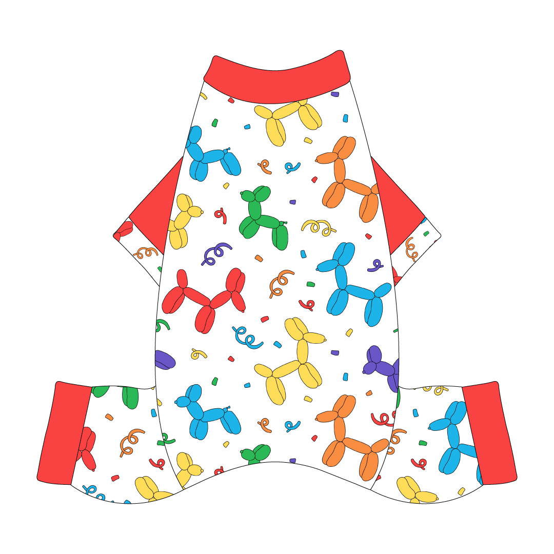 Comfy Pajamas with solid red sleeves and a dog friendly pattern that shows party images like balloons and confetti. It's complete with Pawty Animal trim on the sleeves and solid red trim on the neck and legs.