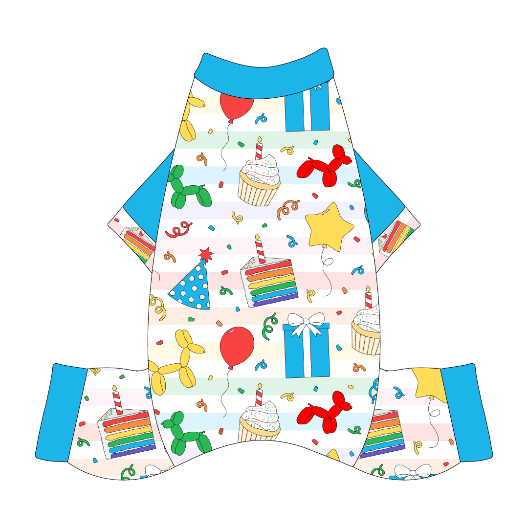 Comfy Pajamas with solid blue sleeves and a dog friendly pattern that shows party images like balloons, cake, gifts, party hats and more. It's complete with Pawty Time trim on the sleeves and solid blue trim on the neck and legs.