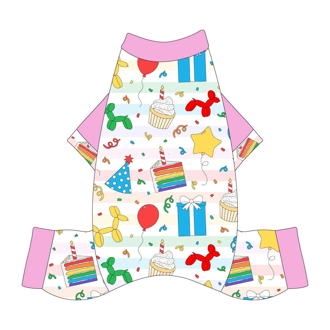 Comfy Pajamas with solid pink sleeves and a dog friendly pattern that shows party images like balloons, cake, gifts, party hats and more. It's complete with Pawty Time trim on the sleeves and solid pink trim on the neck and legs.