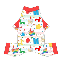 Comfy Pajamas with solid red sleeves and a dog friendly pattern that shows party images like balloons, cake, gifts, party hats and more. It's complete with Pawty Time trim on the sleeves and solid red trim on the neck and legs.