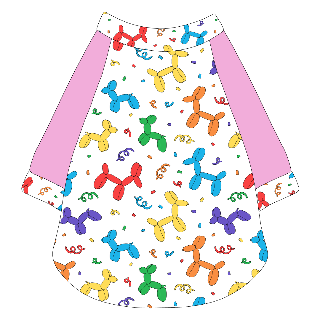 Raglan style tee in a dog friendly pattern that shows party images like balloons and confetti. It's complete with solid pink sleeves, with Pawty Animal trim on the sleeve edges, neck and waist.