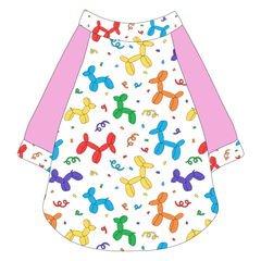 Raglan style tee in a dog friendly pattern that shows party images like balloons and confetti. It's complete with solid pink sleeves, with Pawty Animal trim on the sleeve edges, neck and waist.