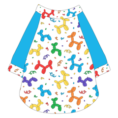 Raglan style tee in a dog friendly pattern that shows party images like balloons and confetti. It's complete with solid blue sleeves, with Pawty Animal trim on the sleeve edges, neck and waist.