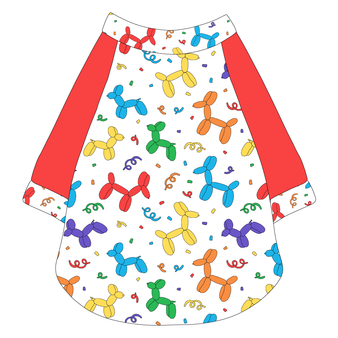 Raglan style tee in a dog friendly pattern that shows party images like balloons and confetti. It's complete with solid red sleeves, with Pawty Animal trim on the sleeve edges, neck and waist.