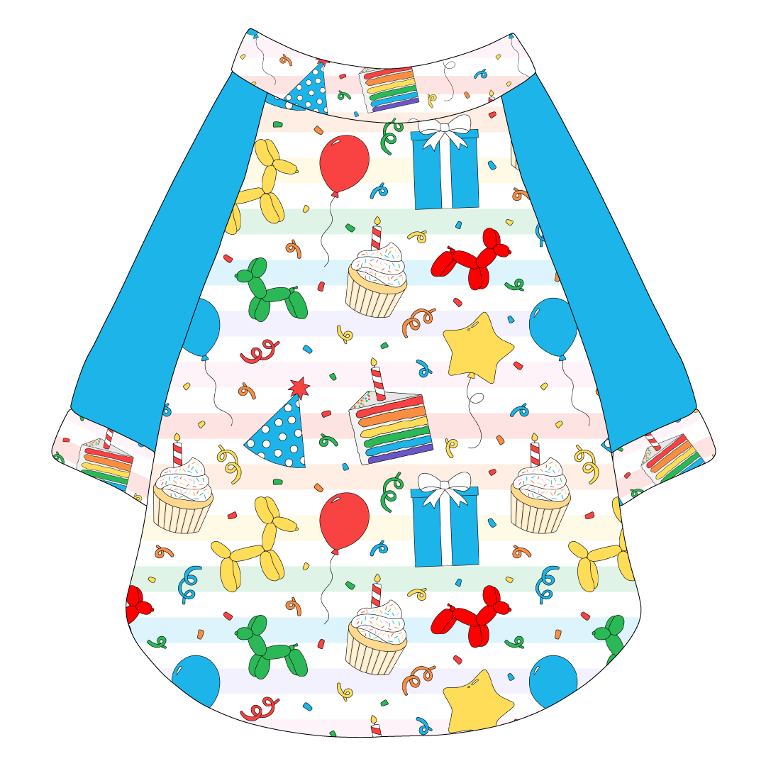 Raglan style tee in a dog friendly pattern that shows party images like balloons, cake, gifts, party hats and more. It's complete with solid blue sleeves, with Pawty Time trim on the sleeve edges, neck and waist.