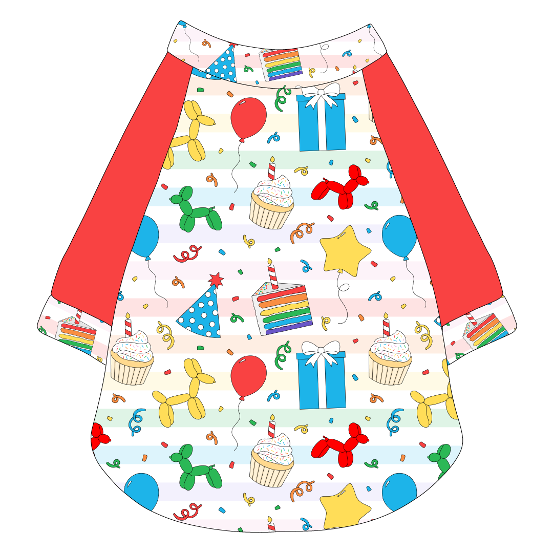 Raglan style tee in a dog friendly pattern that shows party images like balloons, cake, gifts, party hats and more. It's complete with solid red sleeves, with Pawty Time trim on the sleeve edges, neck and waist.