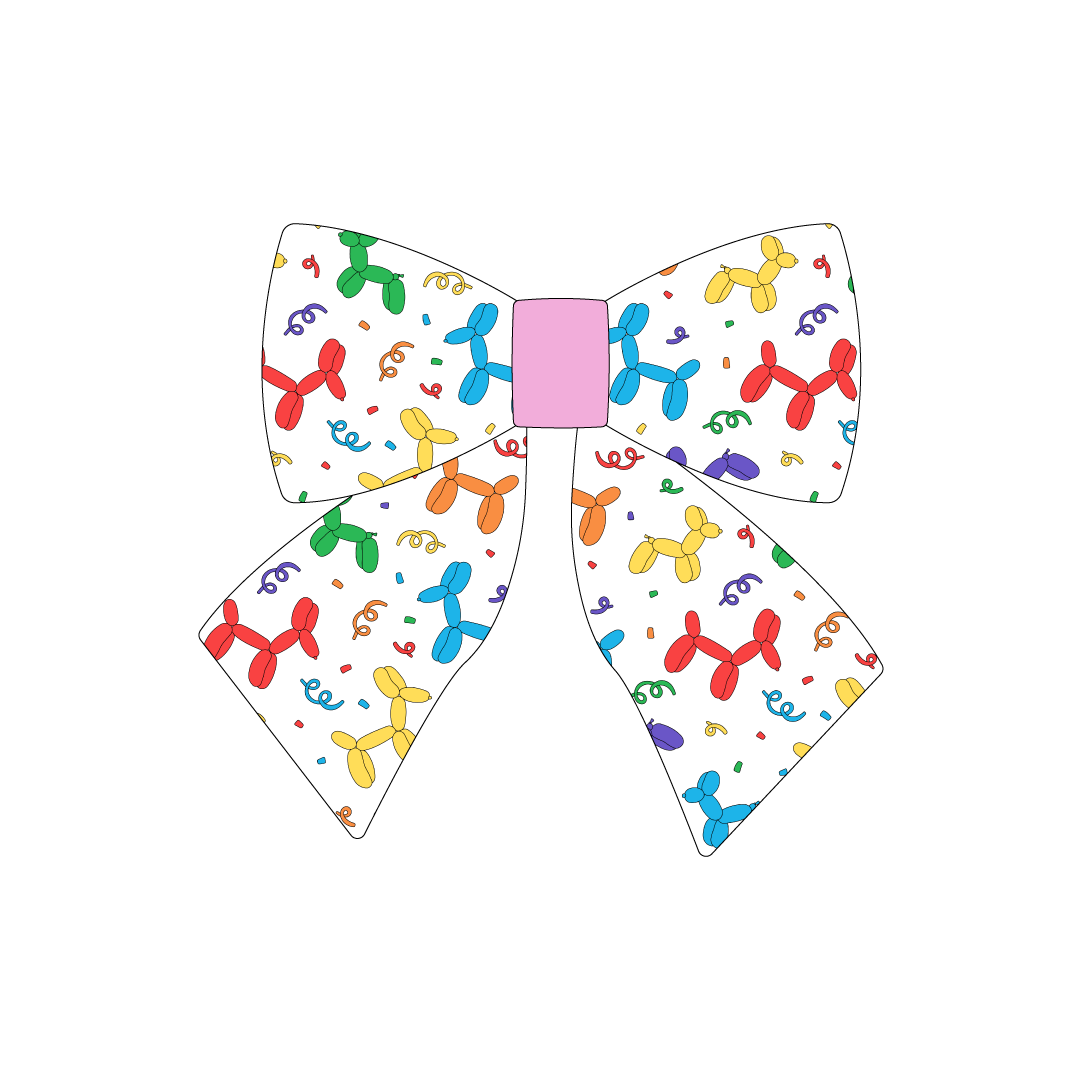 Sailor Bow in a dog friendly pattern that shows party images like balloons and confetti. The center is made from solid pink trim. It's complete with attached elastic loops on the back to secure on dog collar.