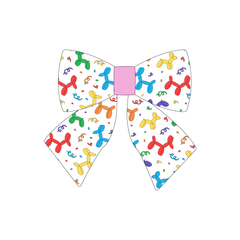 Sailor Bow in a dog friendly pattern that shows party images like balloons and confetti. The center is made from solid pink trim. It's complete with attached elastic loops on the back to secure on dog collar.