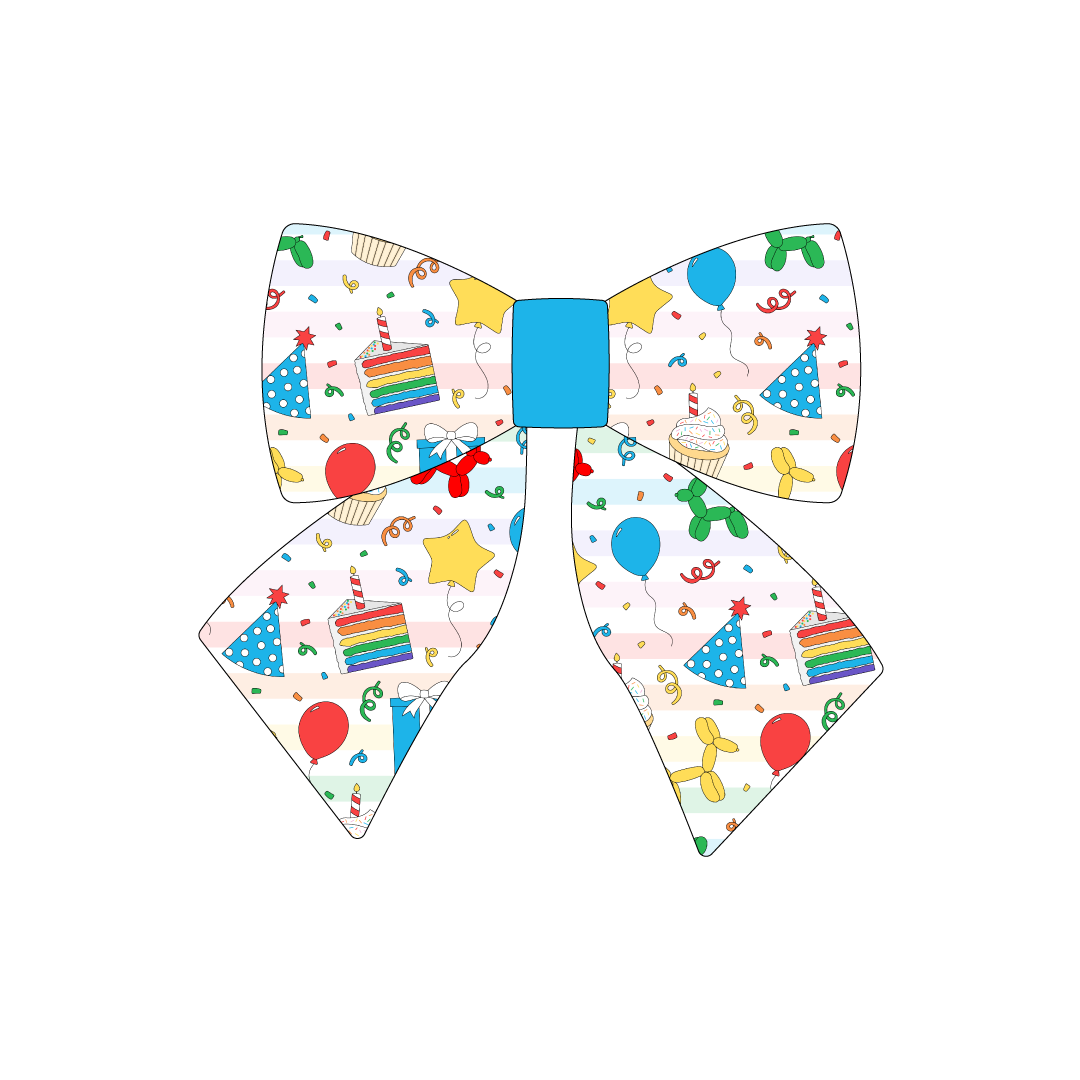 Sailor Bow in a dog friendly pattern that shows party images like balloons, cake, gifts, party hats and more. The center is made from solid blue trim. It's complete with attached elastic loops on the back to secure on dog collar.