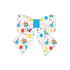 Sailor Bow in a dog friendly pattern that shows party images like balloons, cake, gifts, party hats and more. The center is made from solid blue trim. It's complete with attached elastic loops on the back to secure on dog collar.