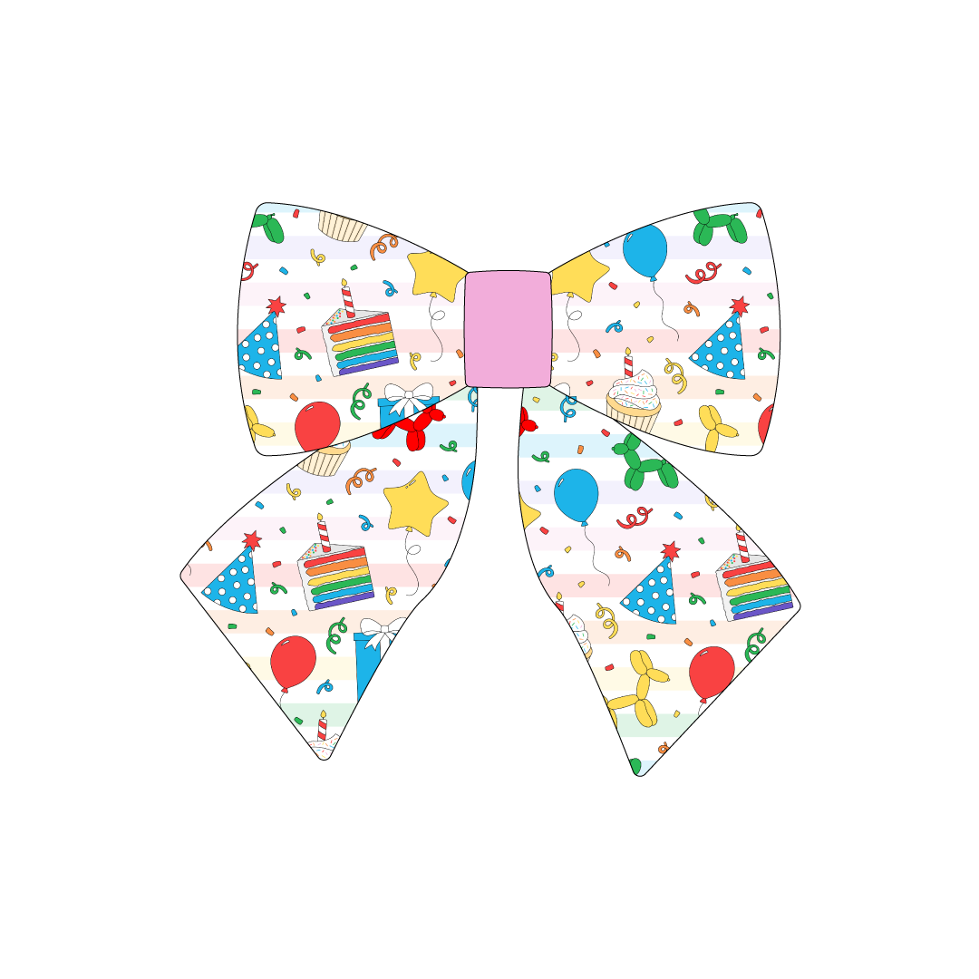 Sailor Bow in a dog friendly pattern that shows party images like balloons, cake, gifts, party hats and more. The center is made from solid pink trim. It's complete with attached elastic loops on the back to secure on dog collar.