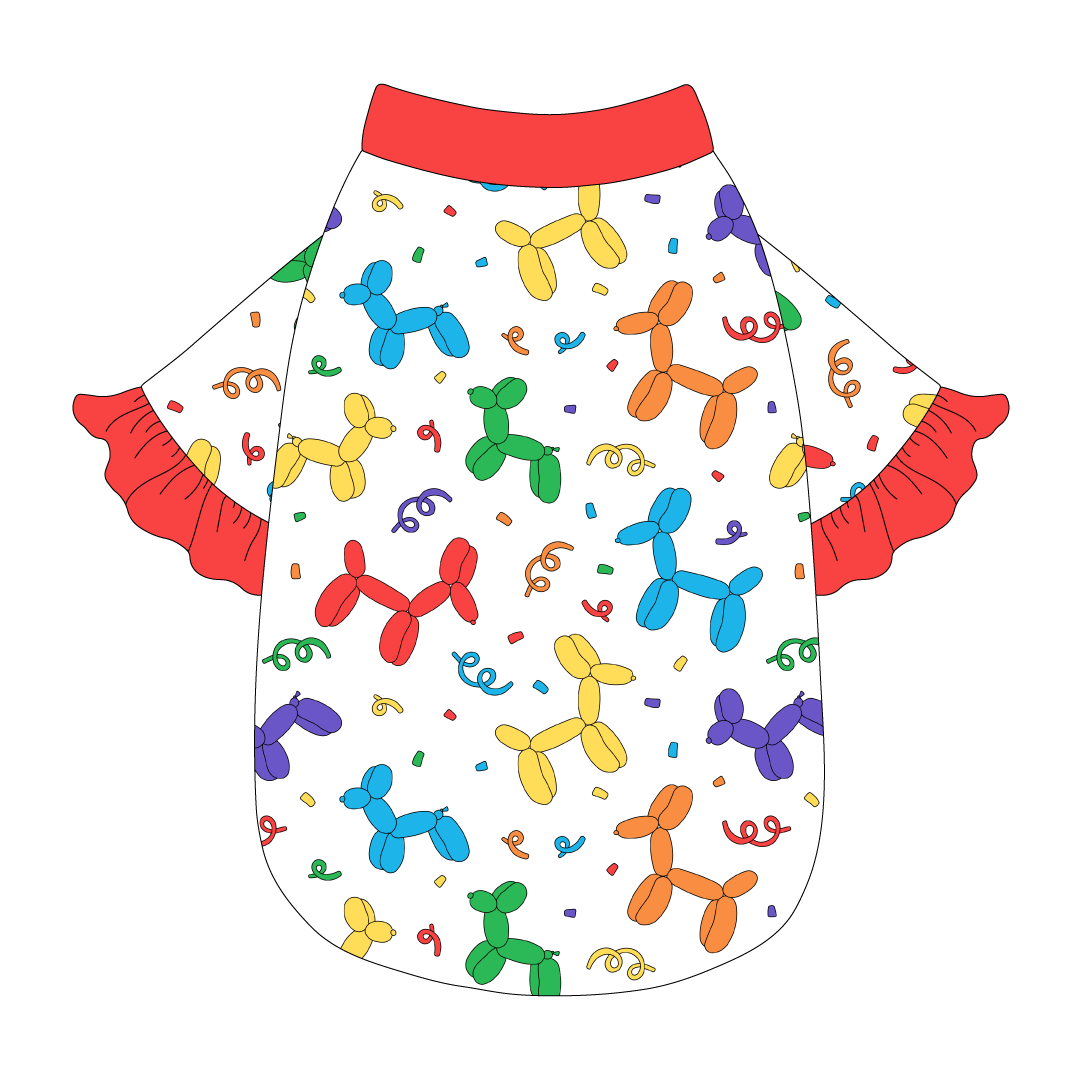 Tee style in a dog friendly pattern that shows party images like balloons and confetti. It's complete with solid red ruffles on the sleeve edges, as well as trim on the neck and waist.