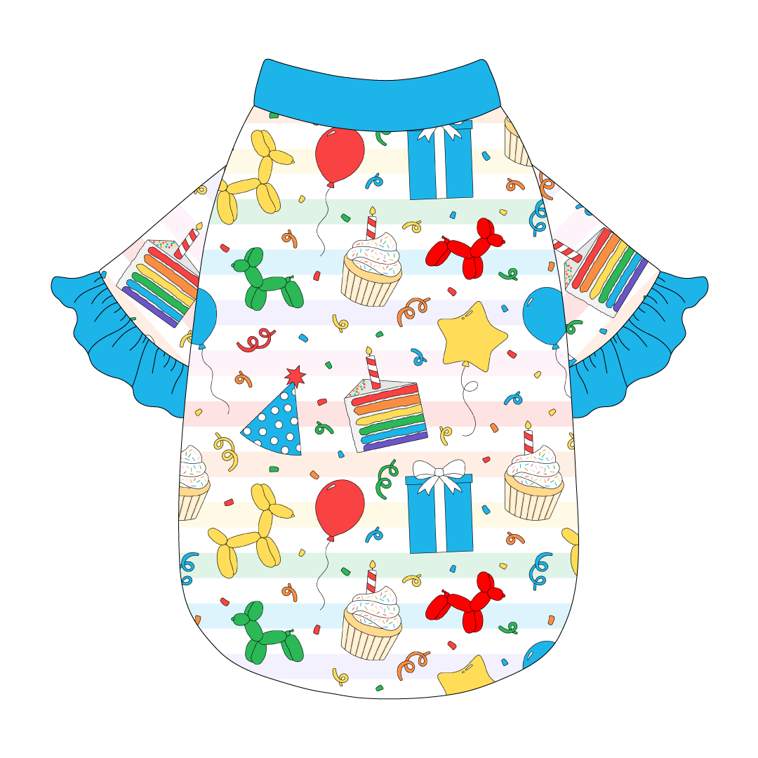 Tee style in a dog friendly pattern that shows party images like balloons, cake, gifts, party hats and more. It's complete with solid blue ruffles on the sleeve edges, as well as trim on the neck and waist.