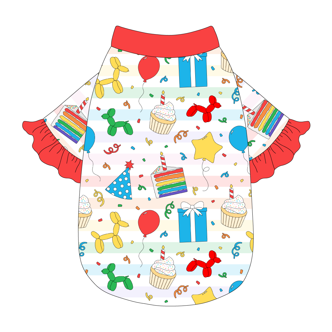 Tee style in a dog friendly pattern that shows party images like balloons, cake, gifts, party hats and more. It's complete with solid red ruffles on the sleeve edges, as well as trim on the neck and waist.