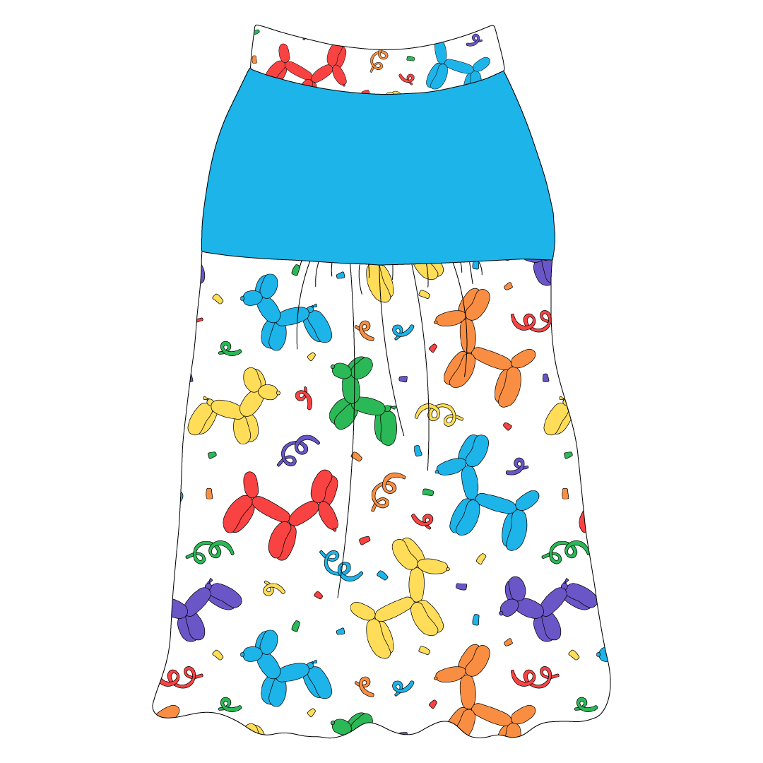 Tank style in a dog friendly pattern that shows party images like balloons and confetti. It's complete with solid blue on the upper back and gathering at the yoke. Pawty Animal trim is on the neck and shoulders.