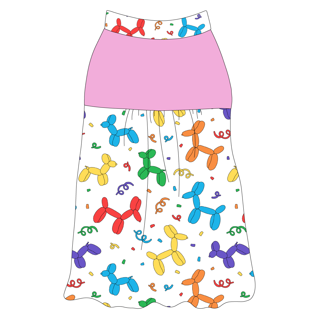 Tank style in a dog friendly pattern that shows party images like balloons and confetti. It's complete with solid pink on the upper back and gathering at the yoke. Pawty Animal trim is on the neck and shoulders.