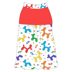 Tank style in a dog friendly pattern that shows party images like balloons and confetti. It's complete with solid red on the upper back and gathering at the yoke. Pawty Animal trim is on the neck and shoulders.