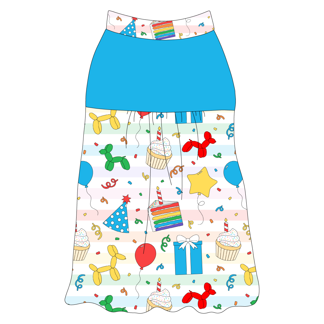 Tank style in a dog friendly pattern that shows party images like balloons, cake, gifts, party hats and more. It's complete with solid blue on the upper back and gathering at the yoke. Pawty Time trim is on the neck and shoulders.