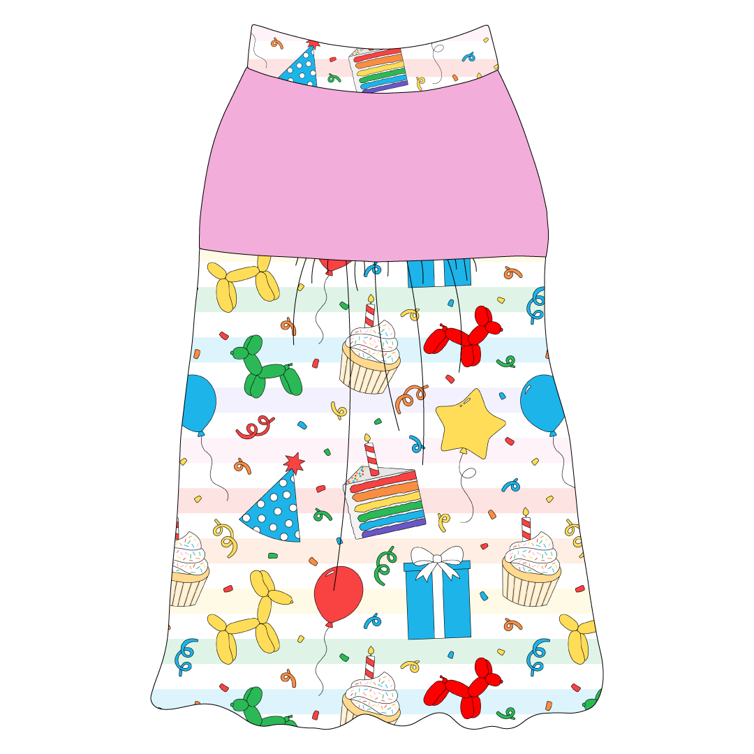 Tank style in a dog friendly pattern that shows party images like balloons, cake, gifts, party hats and more. It's complete with solid pink on the upper back and gathering at the yoke. Pawty Time trim is on the neck and shoulders.