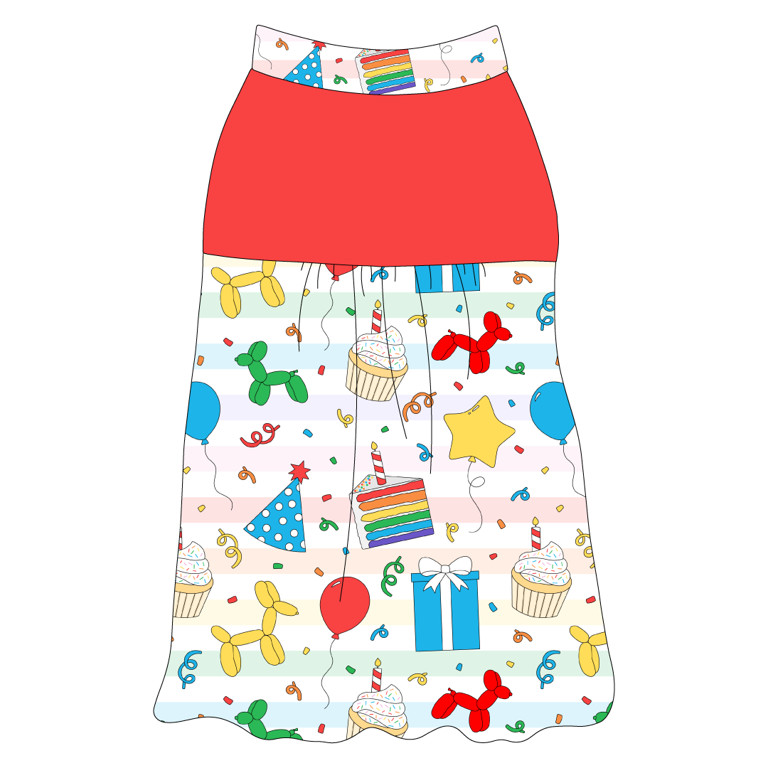 Tank style in a dog friendly pattern that shows party images like balloons, cake, gifts, party hats and more. It's complete with solid red on the upper back and gathering at the yoke. Pawty Time trim is on the neck and shoulders.