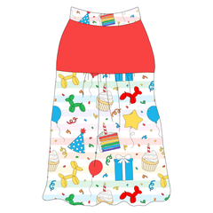 Tank style in a dog friendly pattern that shows party images like balloons, cake, gifts, party hats and more. It's complete with solid red on the upper back and gathering at the yoke. Pawty Time trim is on the neck and shoulders.