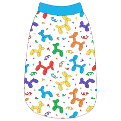 Tank in a dog friendly pattern that shows party images like balloons and confetti. It's complete with solid blue trim on the neck, waist and shoulders.