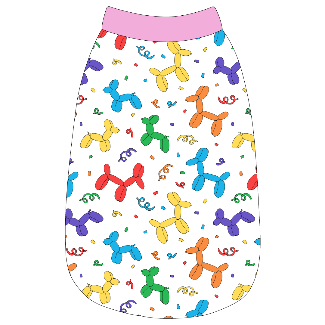 Tank in a dog friendly pattern that shows party images like balloons and confetti. It's complete with solid pink trim on the neck, waist and shoulders.