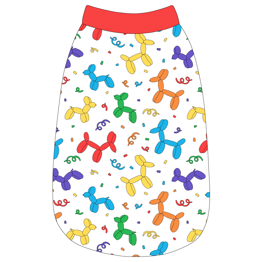 Tank in a dog friendly pattern that shows party images like balloons and confetti. It's complete with solid red trim on the neck, waist and shoulders.