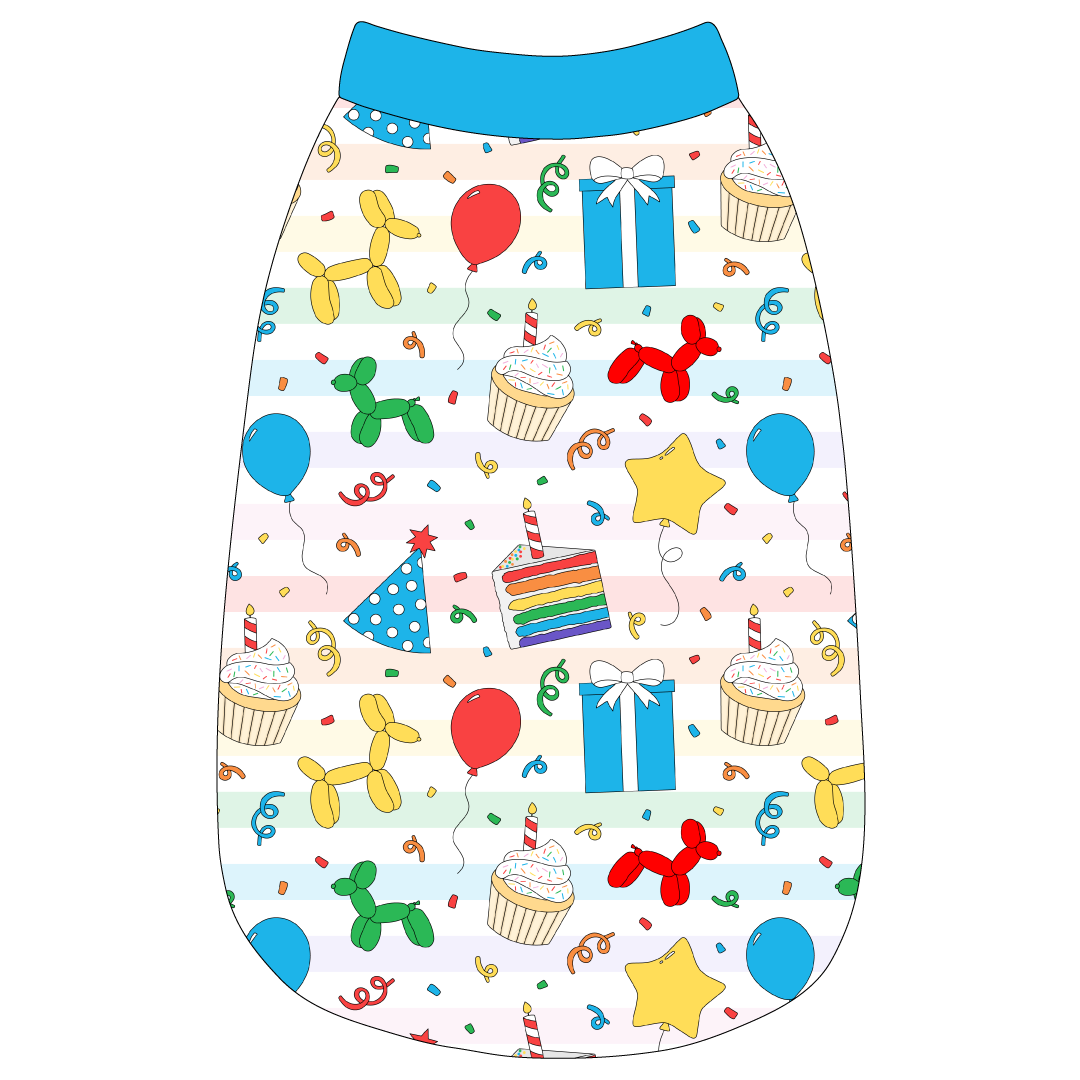 Tank in a dog friendly pattern that shows party images like balloons, cake, gifts, party hats and more. It's complete with solid blue trim on the neck, waist and shoulders.