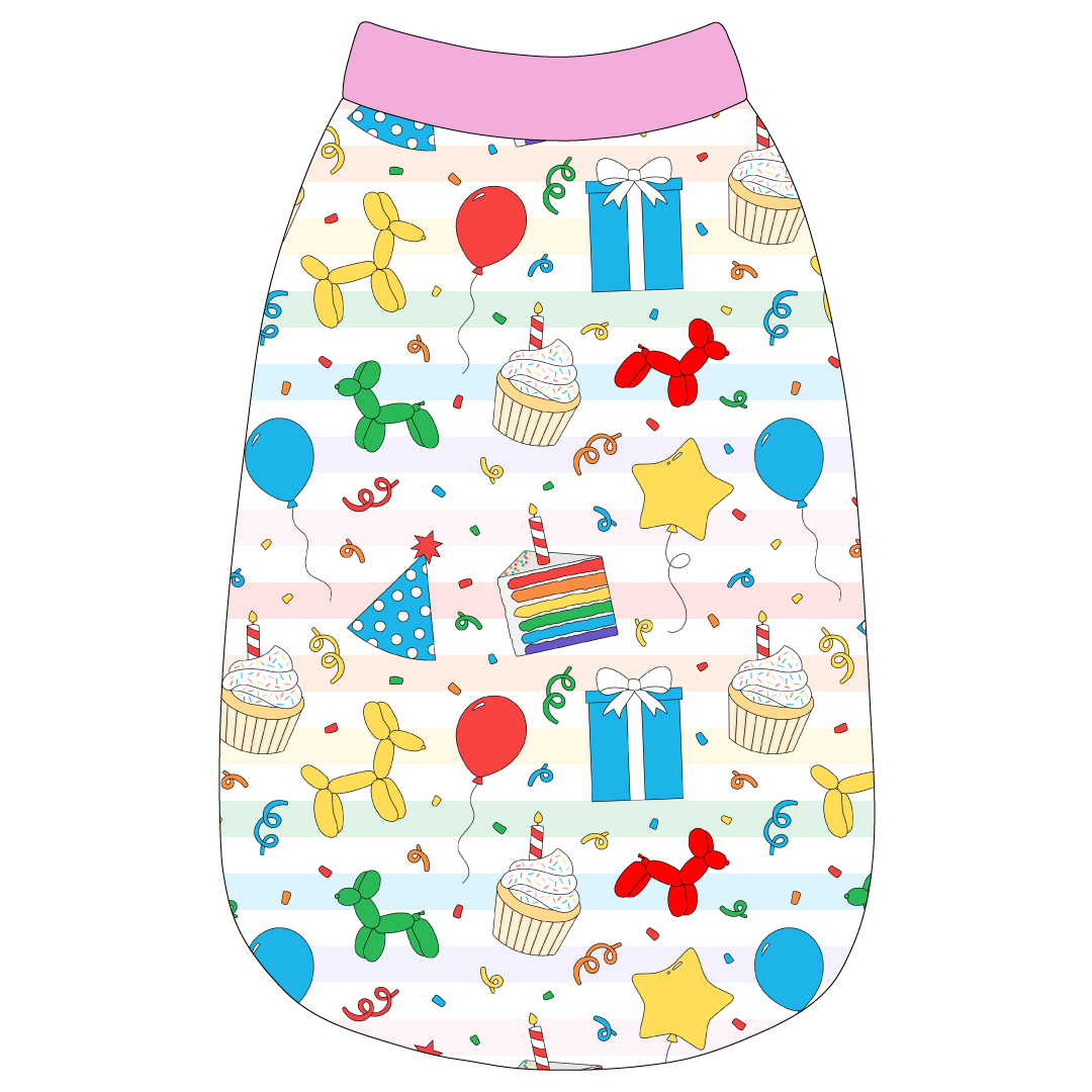 Tank in a dog friendly pattern that shows party images like balloons, cake, gifts, party hats and more. It's complete with solid pink trim on the neck, waist and shoulders.