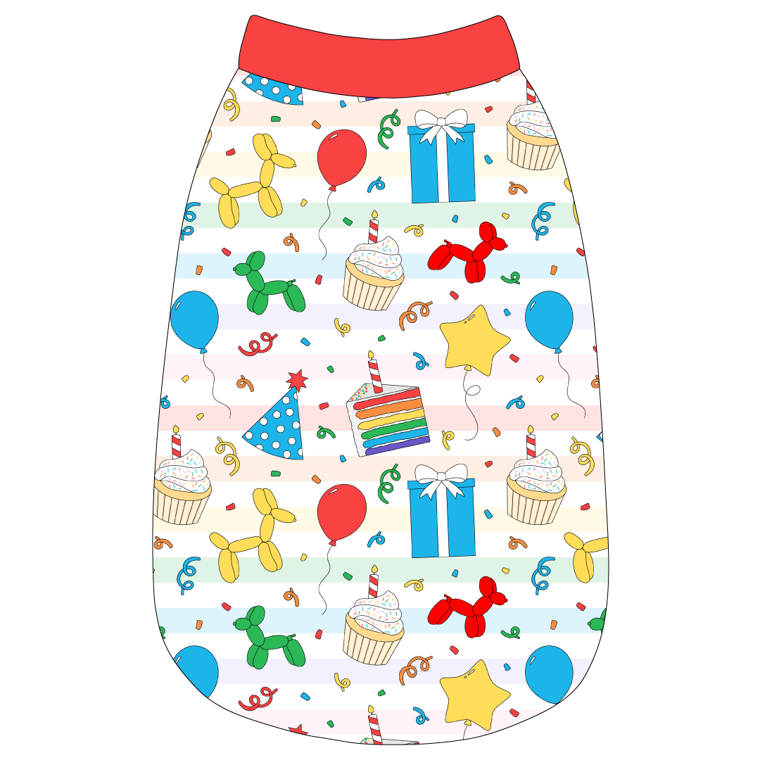 Tank in a dog friendly pattern that shows party images like balloons, cake, gifts, party hats and more. It's complete with solid red trim on the neck, waist and shoulders.