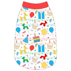 Tank in a dog friendly pattern that shows party images like balloons, cake, gifts, party hats and more. It's complete with solid red trim on the neck, waist and shoulders.