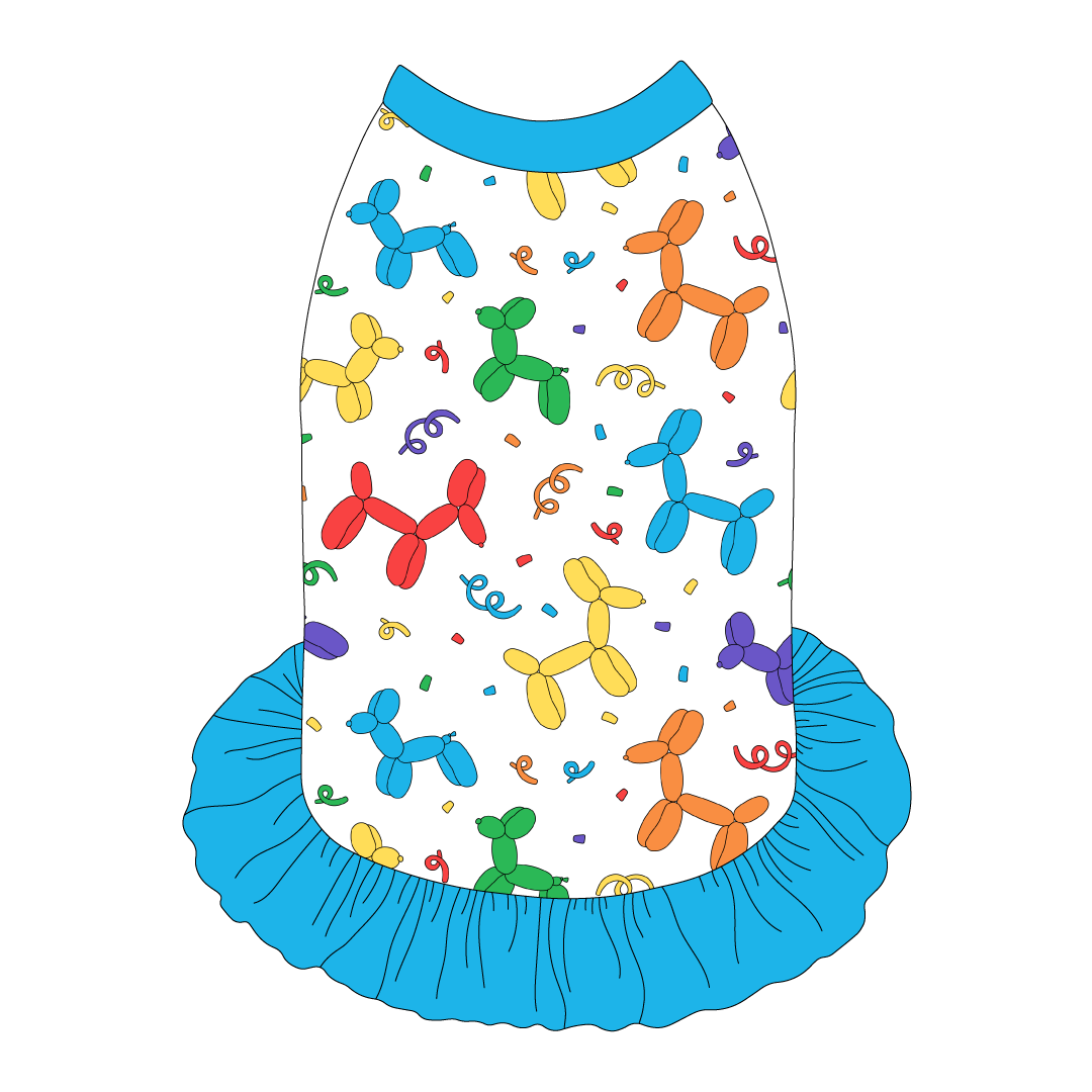 Dress style tank with a girly ruffle skirt in a dog friendly pattern that shows party images like balloons and confetti. It's complete with solid blue trim on the neck, shoulders and ruffles.