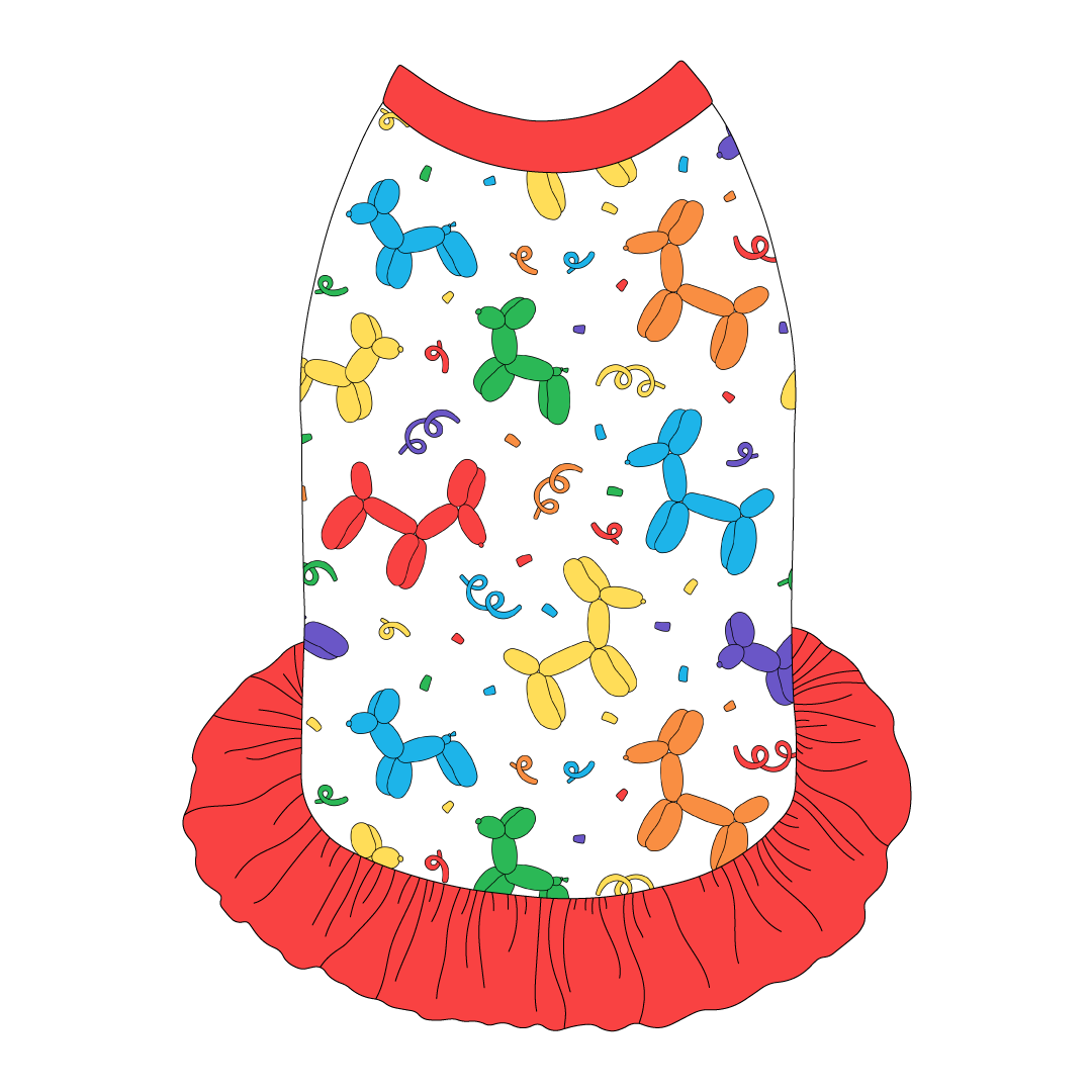 Dress style tank with a girly ruffle skirt in a dog friendly pattern that shows party images like balloons and confetti. It's complete with solid red trim on the neck, shoulders and ruffles.