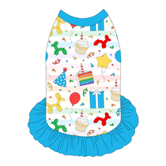 Dress style tank with a girly ruffle skirt in a dog friendly pattern that shows party images like balloons, cake, gifts, party hats and more. It's complete with solid blue trim on the neck, shoulders and ruffles.