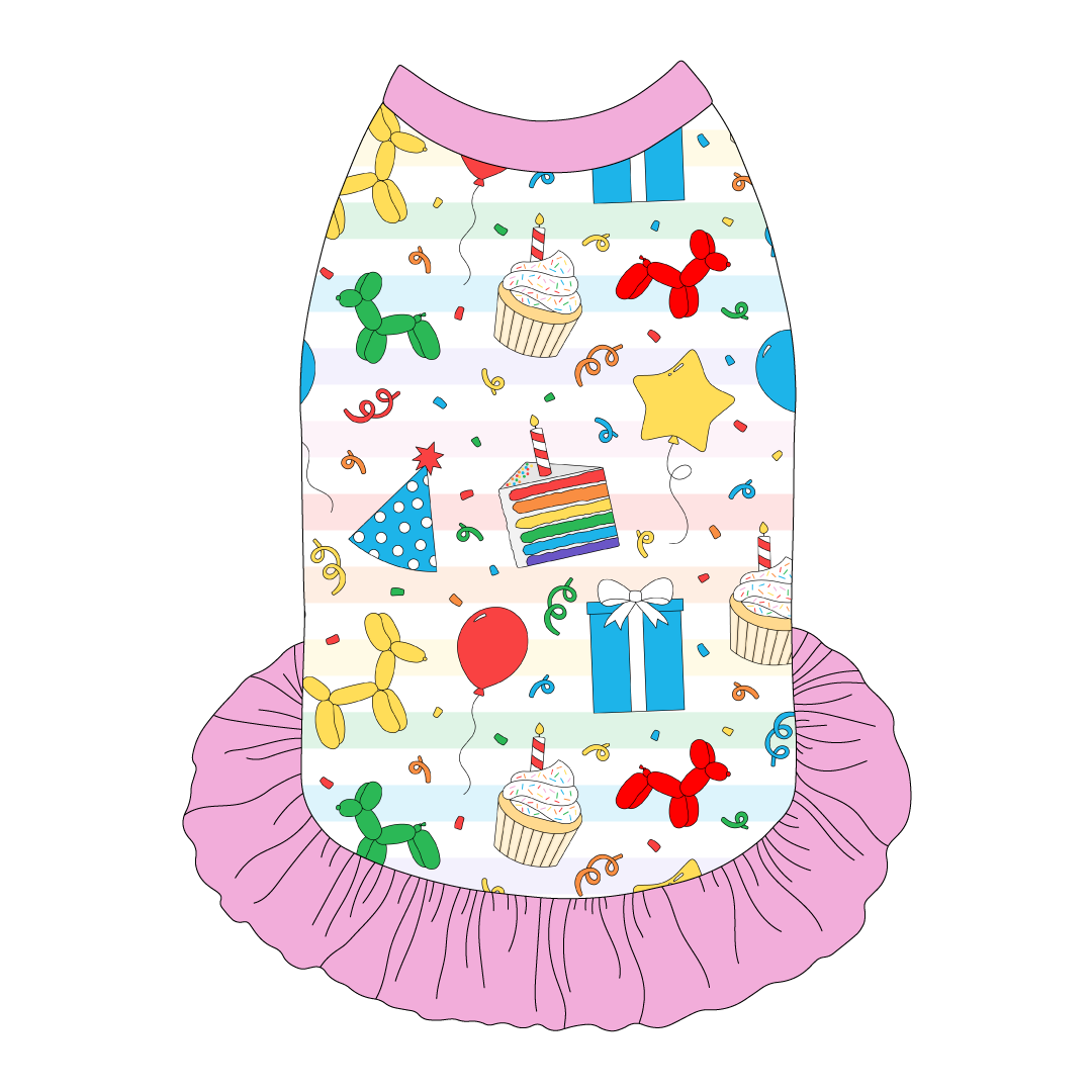 Dress style tank with a girly ruffle skirt in a dog friendly pattern that shows party images like balloons, cake, gifts, party hats and more. It's complete with solid pink trim on the neck, shoulders and ruffles.