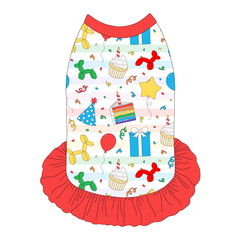 Dress style tank with a girly ruffle skirt in a dog friendly pattern that shows party images like balloons, cake, gifts, party hats and more. It's complete with solid red trim on the neck, shoulders and ruffles.