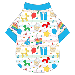 Tee shirt in a dog friendly pattern that shows party images like balloons, cake, gifts, party hats and more. It's complete with solid blue trim on the neck, waist and sleeves.