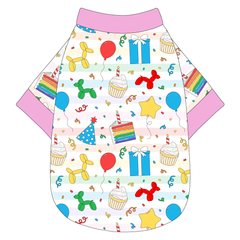 Tee shirt in a dog friendly pattern that shows party images like balloons, cake, gifts, party hats and more. It's complete with solid pink trim on the neck, waist and sleeves.