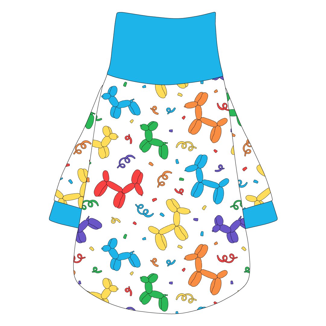 Tee shirt with turtleneck in a dog friendly pattern that shows party images like balloons and confetti. It's complete with solid blue trim on the neck, sleeves and waist.