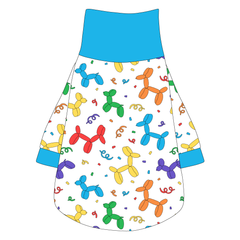 Tee shirt with turtleneck in a dog friendly pattern that shows party images like balloons and confetti. It's complete with solid blue trim on the neck, sleeves and waist.