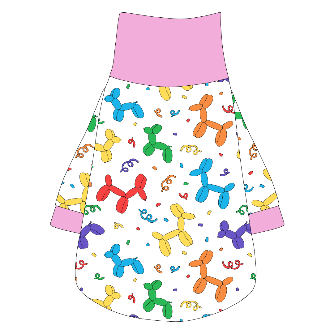 Tee shirt with turtleneck in a dog friendly pattern that shows party images like balloons and confetti. It's complete with solid pink trim on the neck, sleeves and waist.