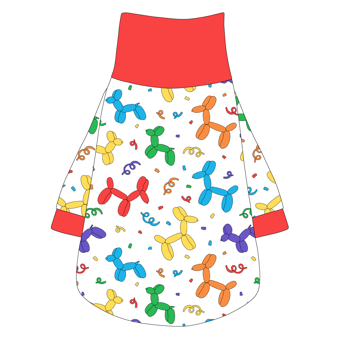 Tee shirt with turtleneck in a dog friendly pattern that shows party images like balloons and confetti. It's complete with solid red trim on the neck, sleeves and waist.