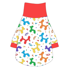 Tee shirt with turtleneck in a dog friendly pattern that shows party images like balloons and confetti. It's complete with solid red trim on the neck, sleeves and waist.