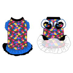 Dress with ruffle accents on the shoulders and girly double ruffle skirt in a dog friendly pattern that shows a colorful geometric design that looks like the New Years Eve ball that drops in Times Square. It's complete with black trim on the neck, blue ruffles on the shoulders, a blue asymmetrical ruffle on top of a black ruffle skirt, as well as a coordinating trim under the shoulder ruffles in black.