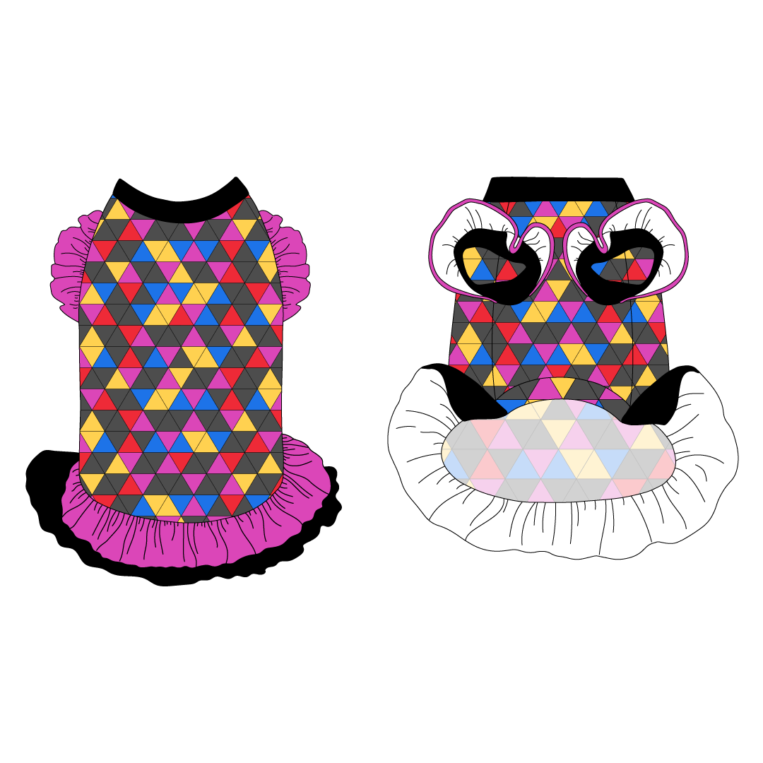 Dress with ruffle accents on the shoulders and girly double ruffle skirt in a dog friendly pattern that shows a colorful geometric design that looks like the New Years Eve ball that drops in Times Square. It's complete with black trim on the neck, magenta ruffles on the shoulders, a magenta asymmetrical ruffle on top of a black ruffle skirt, as well as a coordinating trim under the shoulder ruffles in black.